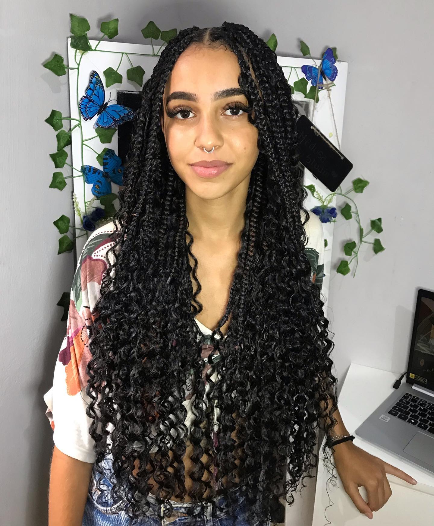 Medium Box Braids with Curls at the End