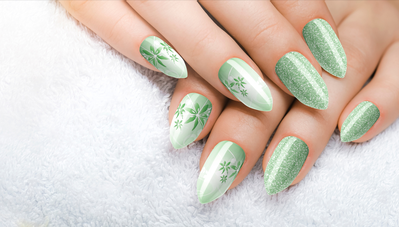 Mint Green Nails With Flowers