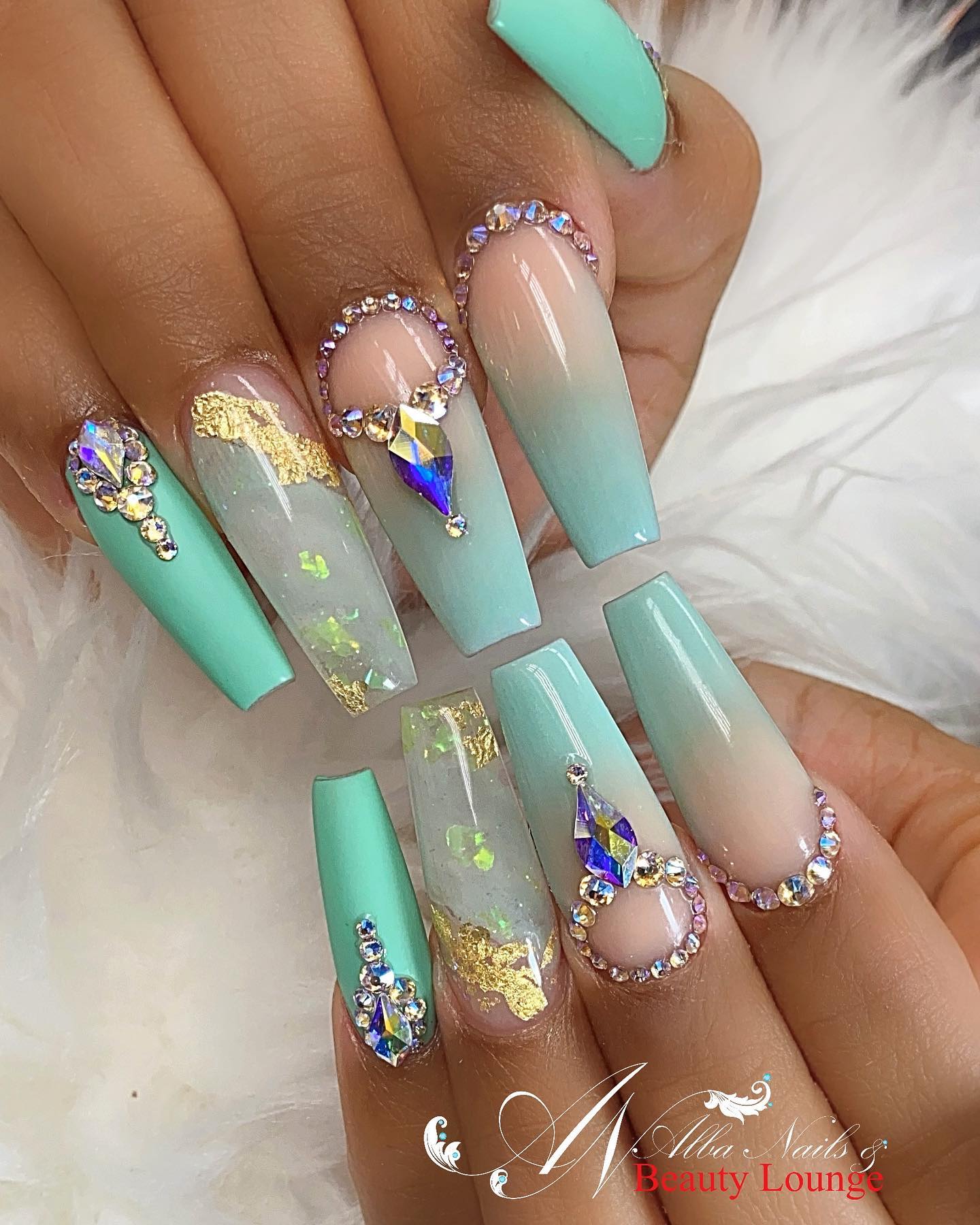 Mint Green Nails With Rhinestones