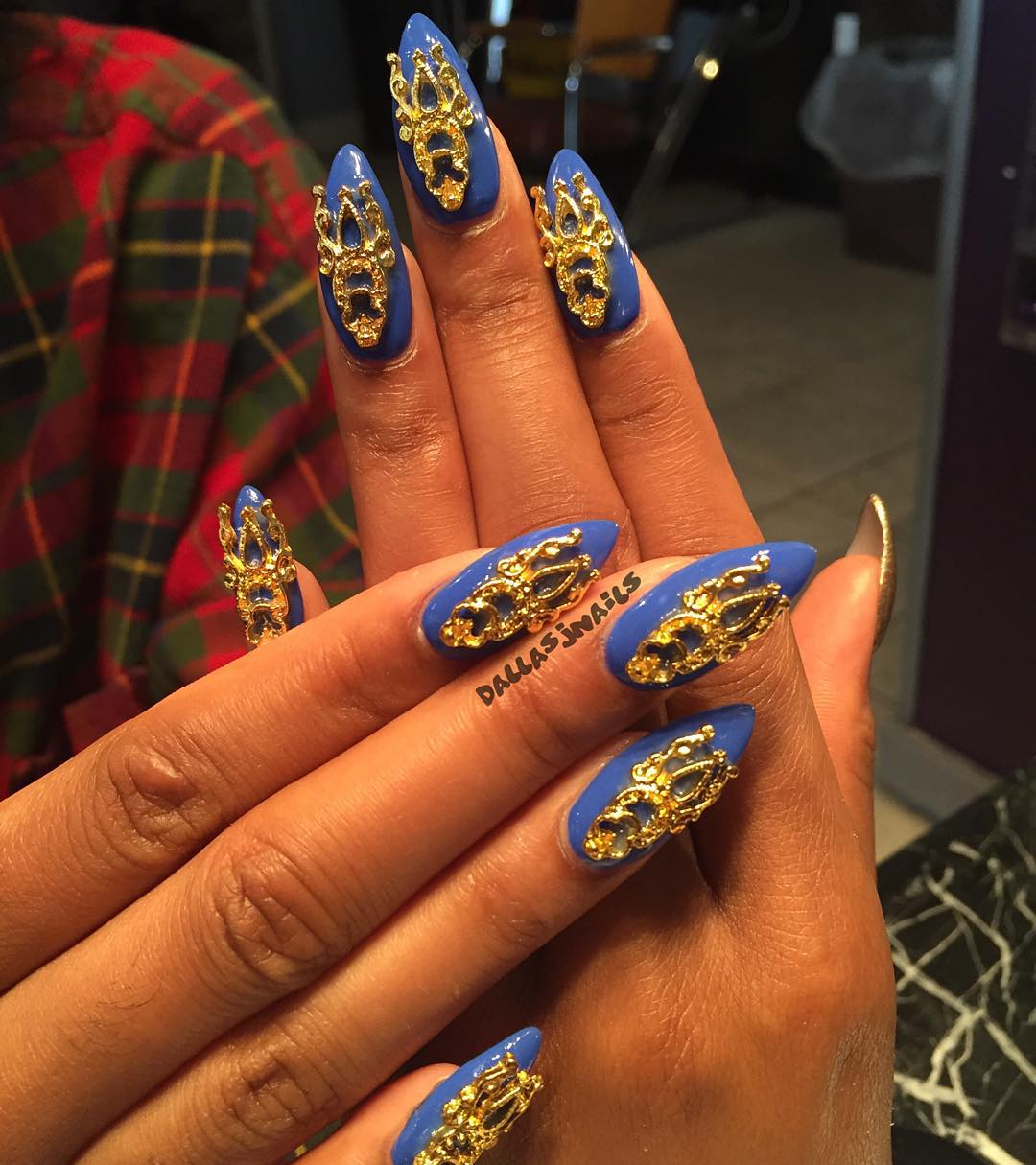 Navy Blue And Gold Acrylic Nails