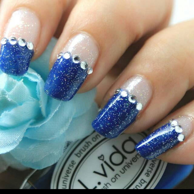 Navy Blue Nails With Rhinestones