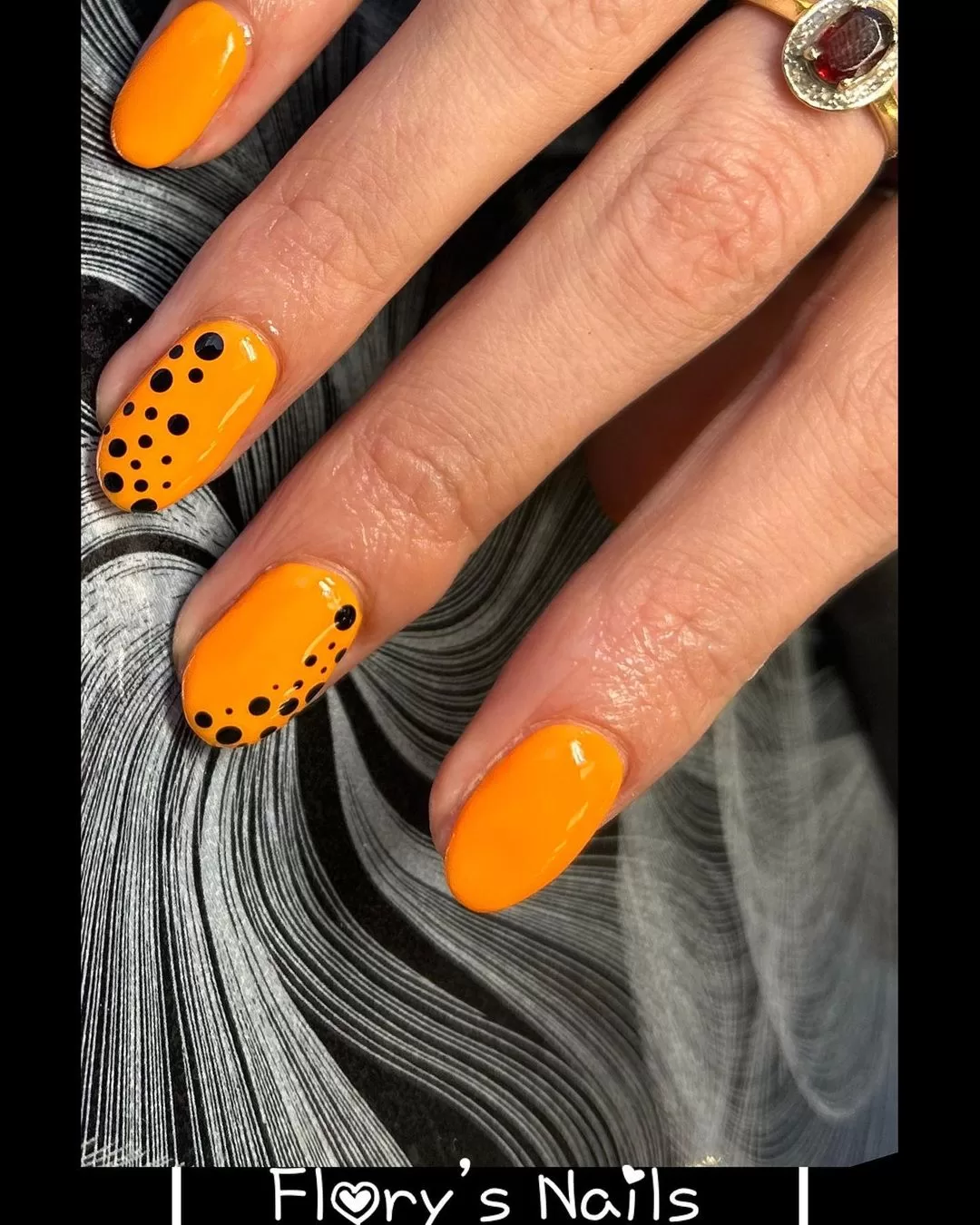 Orange and Black Polka Dot Nails