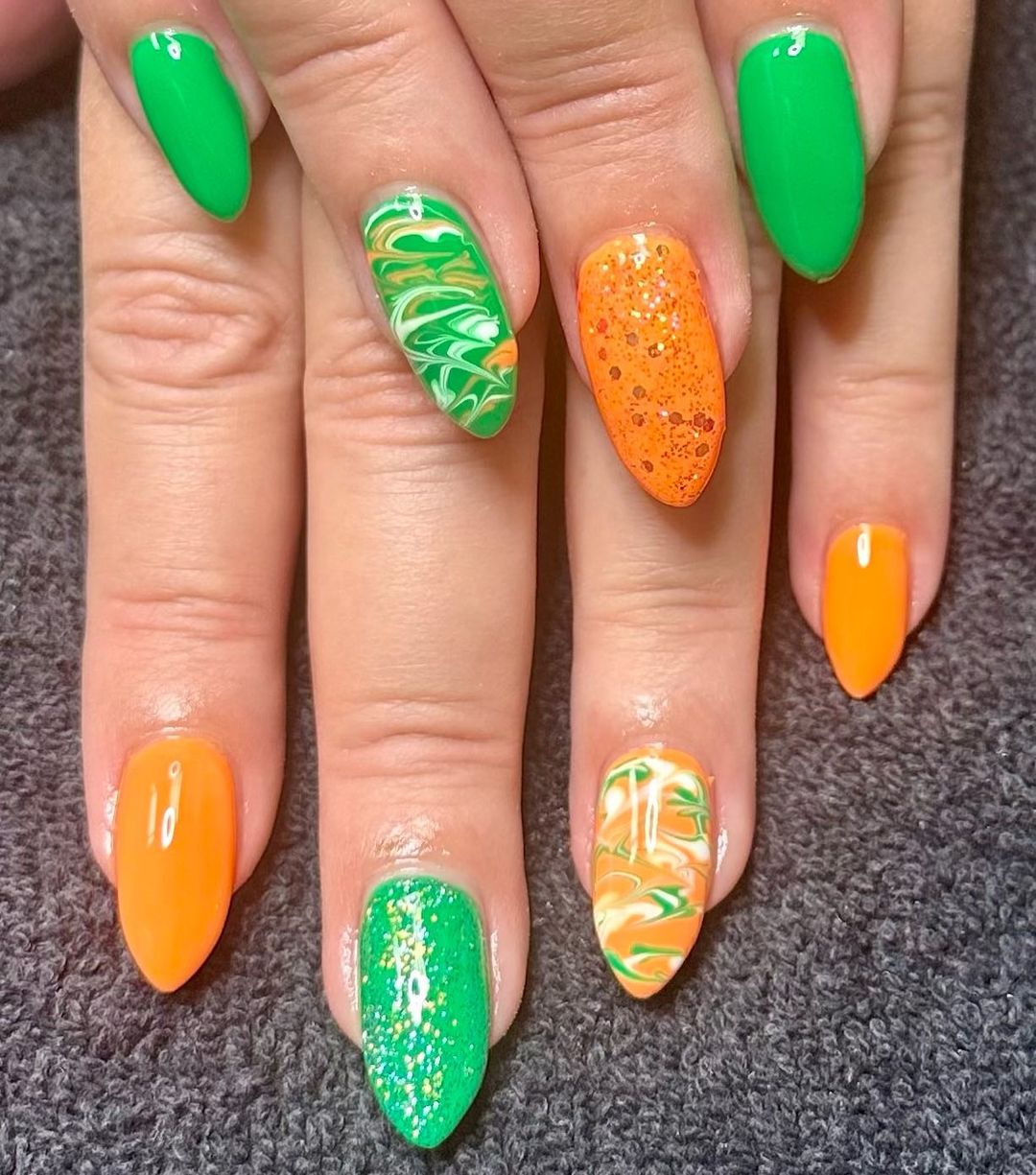 Orange and Green Acrylic Nails