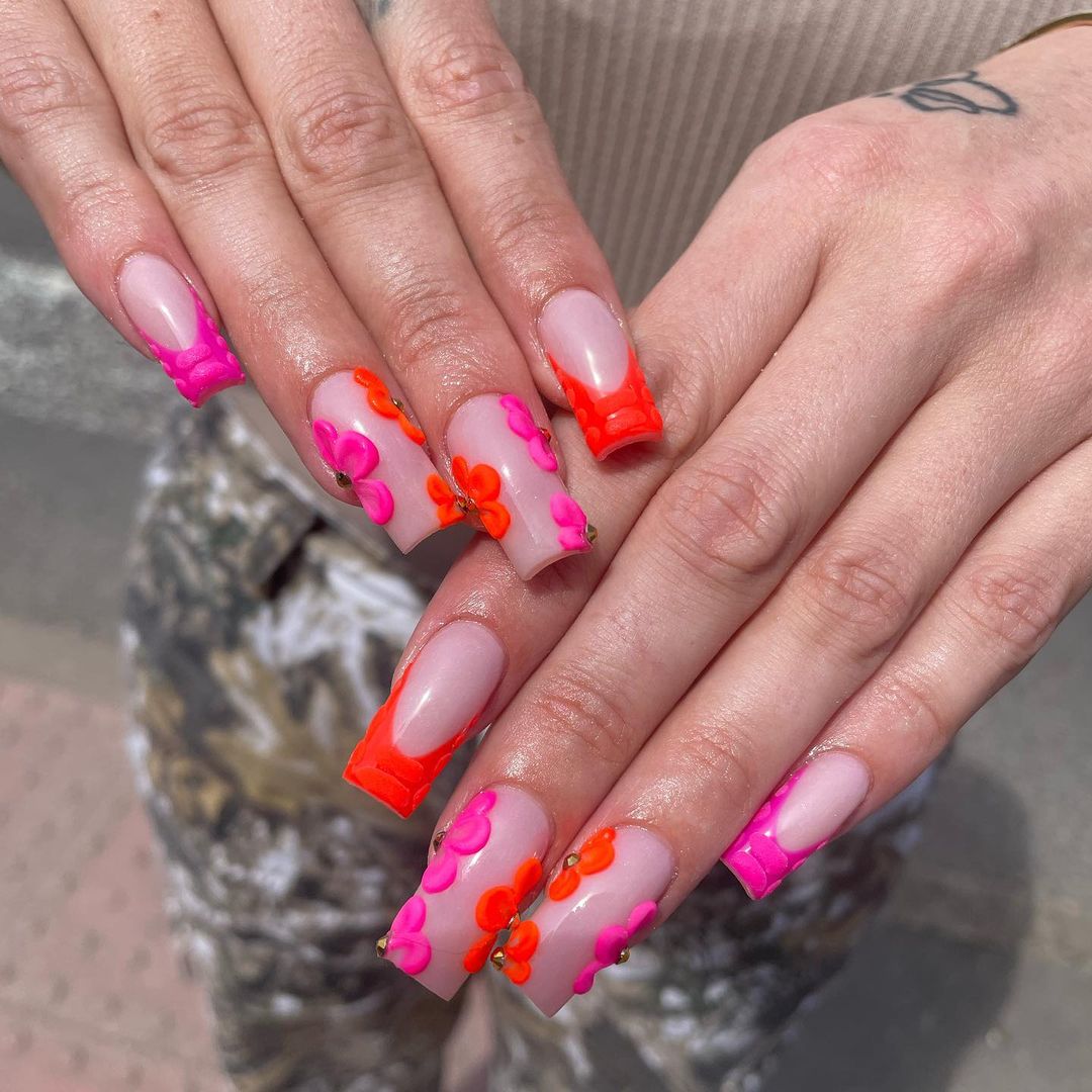Orange And Pink French Tip Nails