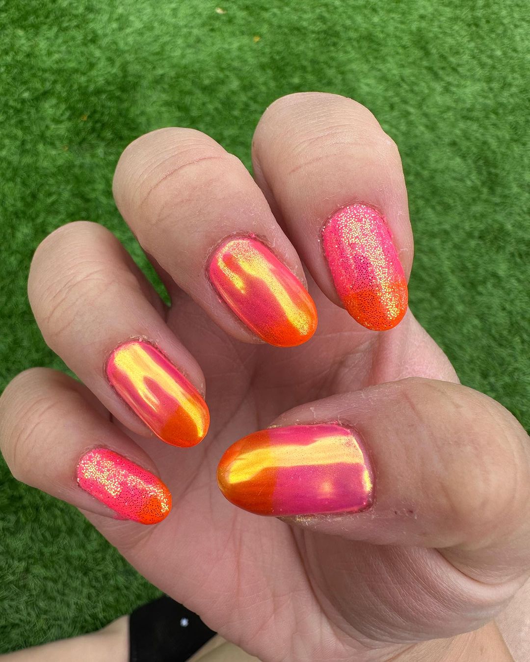Orange and Pink Nails With Glitter