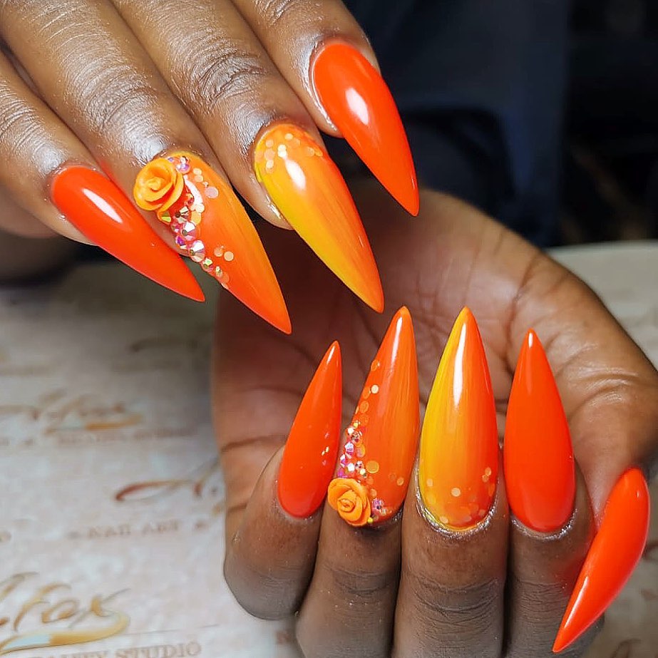 Orange Nails With Diamonds