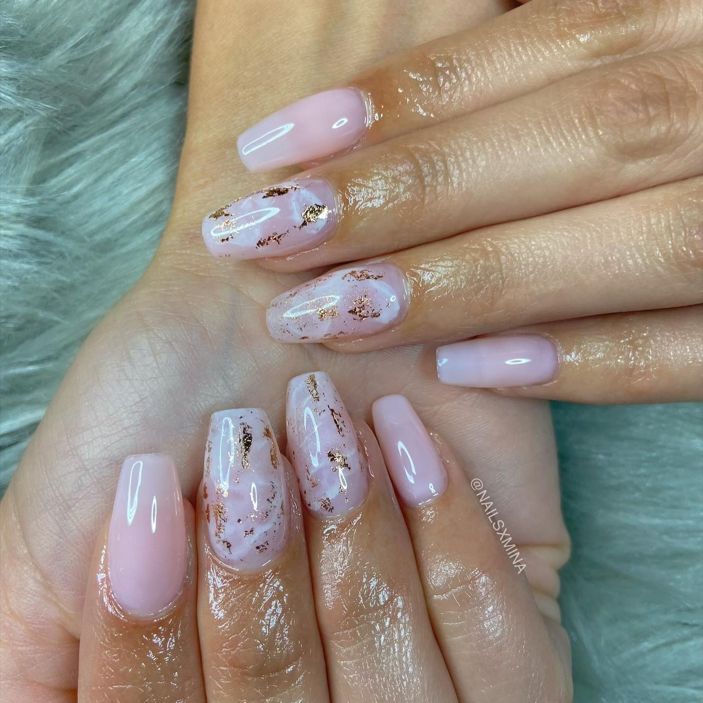 Pink Acrylic Nails with Gold Foil Accents