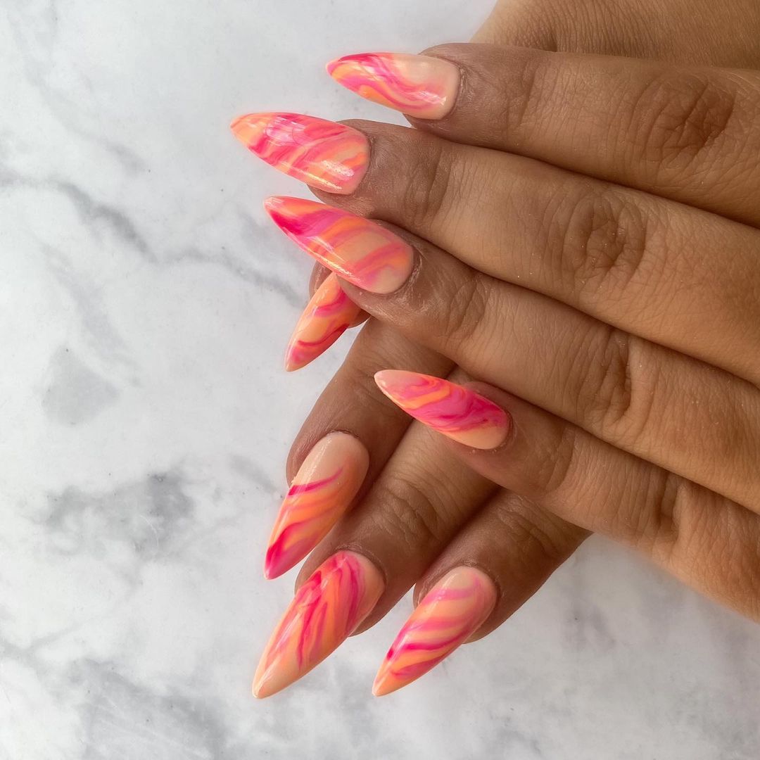 Pink And Orange Marble Nails
