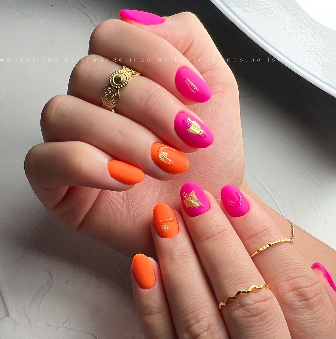 Pink And Orange Nails Short