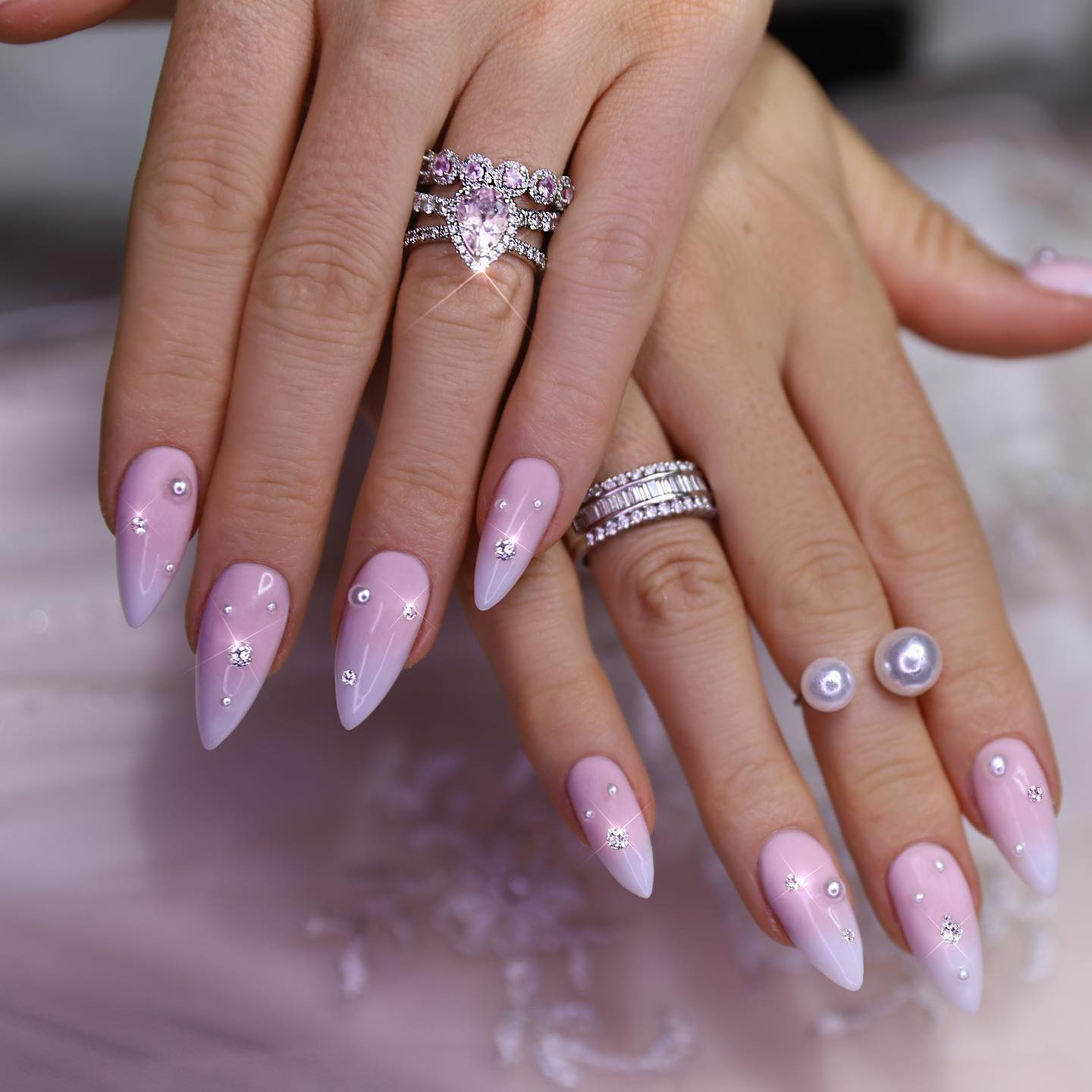 Pink And White Nails With Diamonds