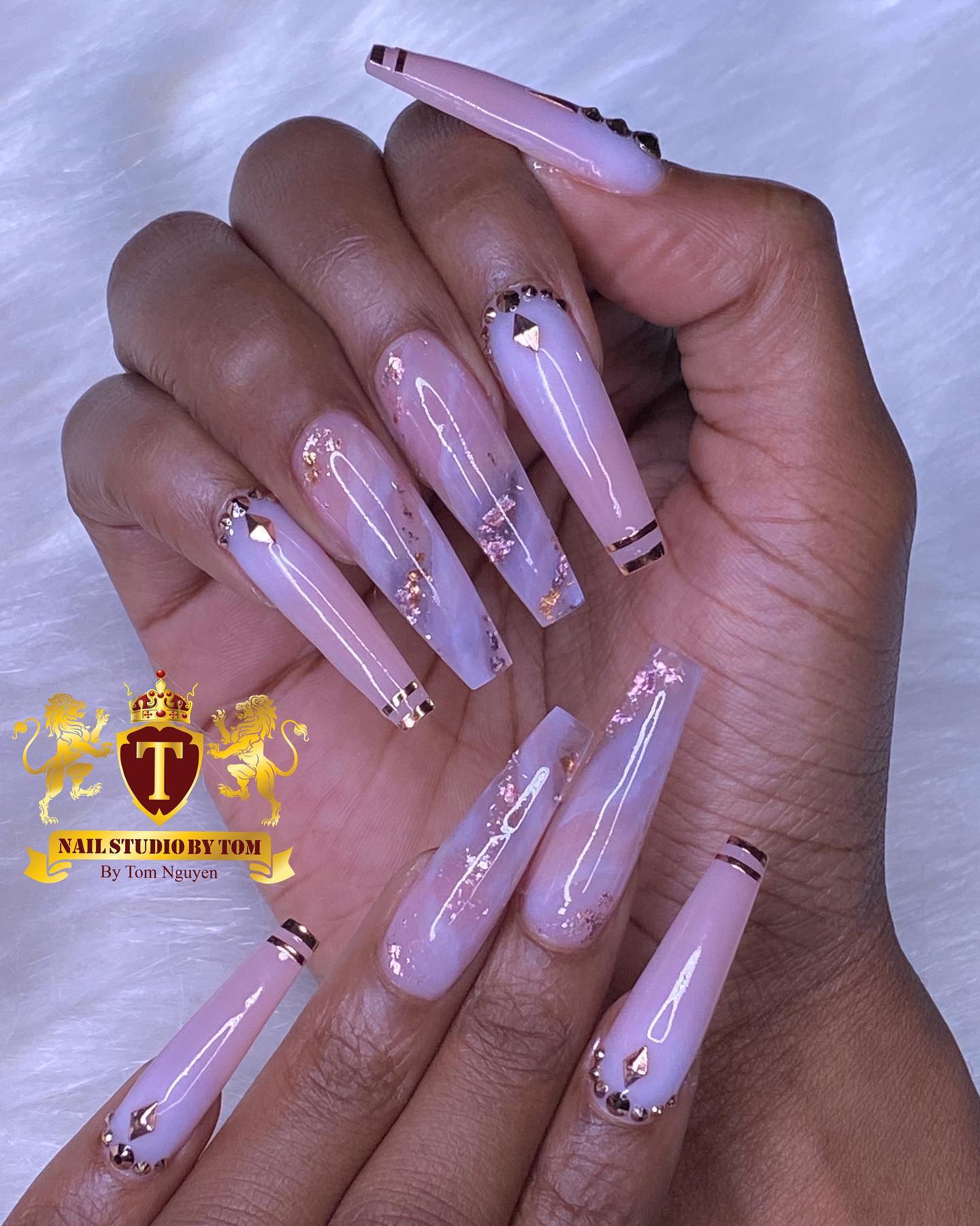 Pink Marble Nails With Gemstones