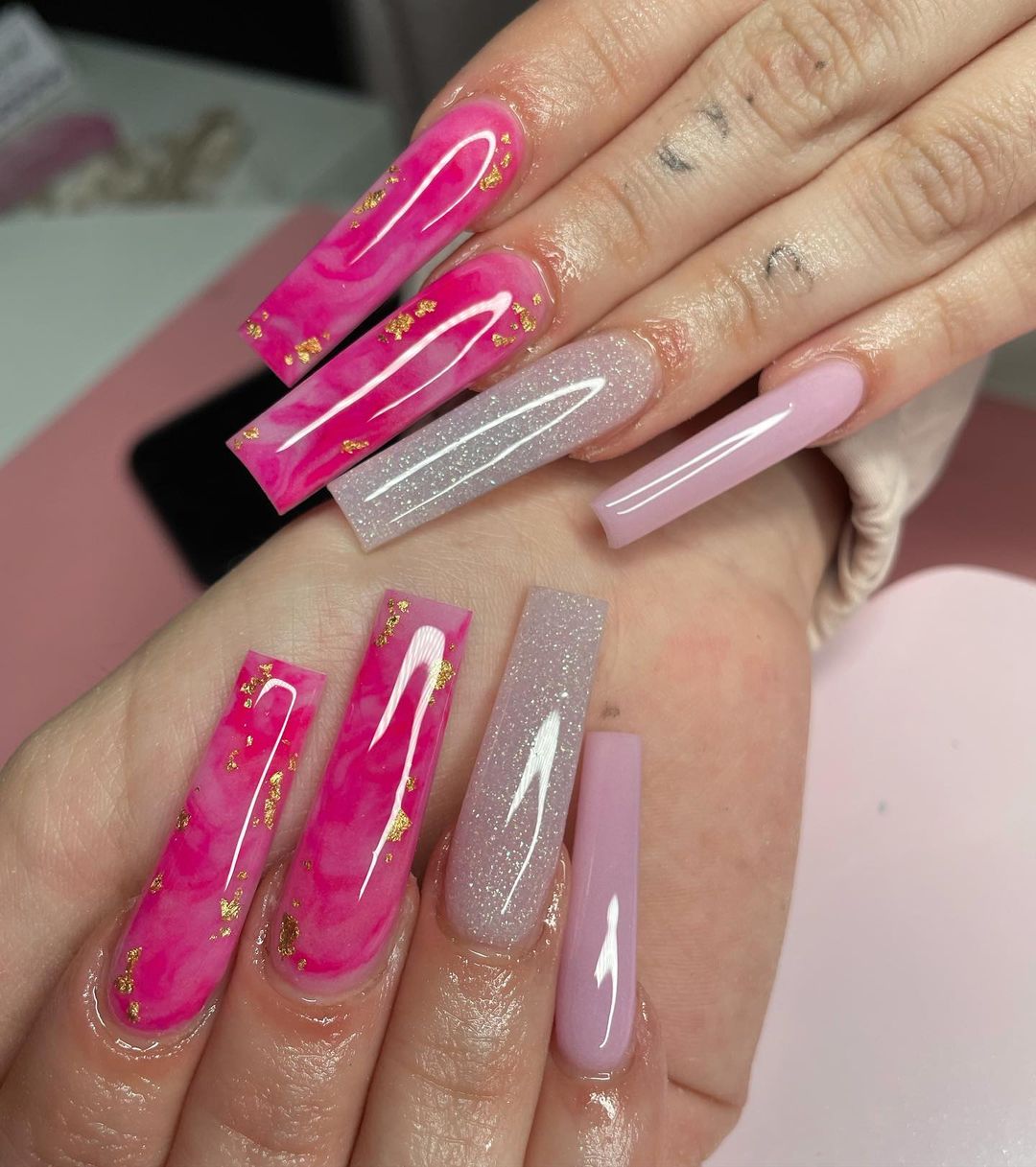 Pink Marble Nails With Intricate Nail Art