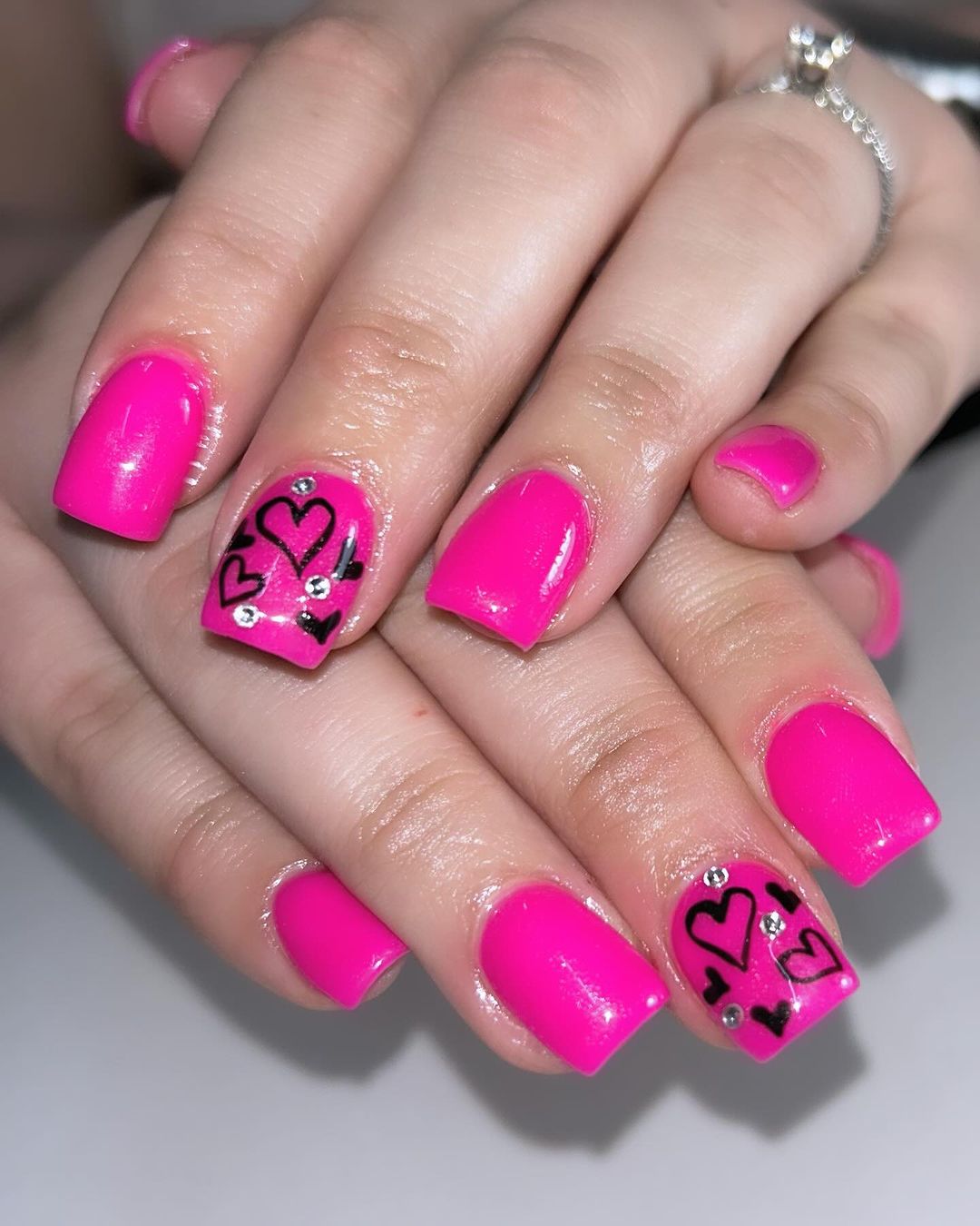Pink Nails With Black Hearts