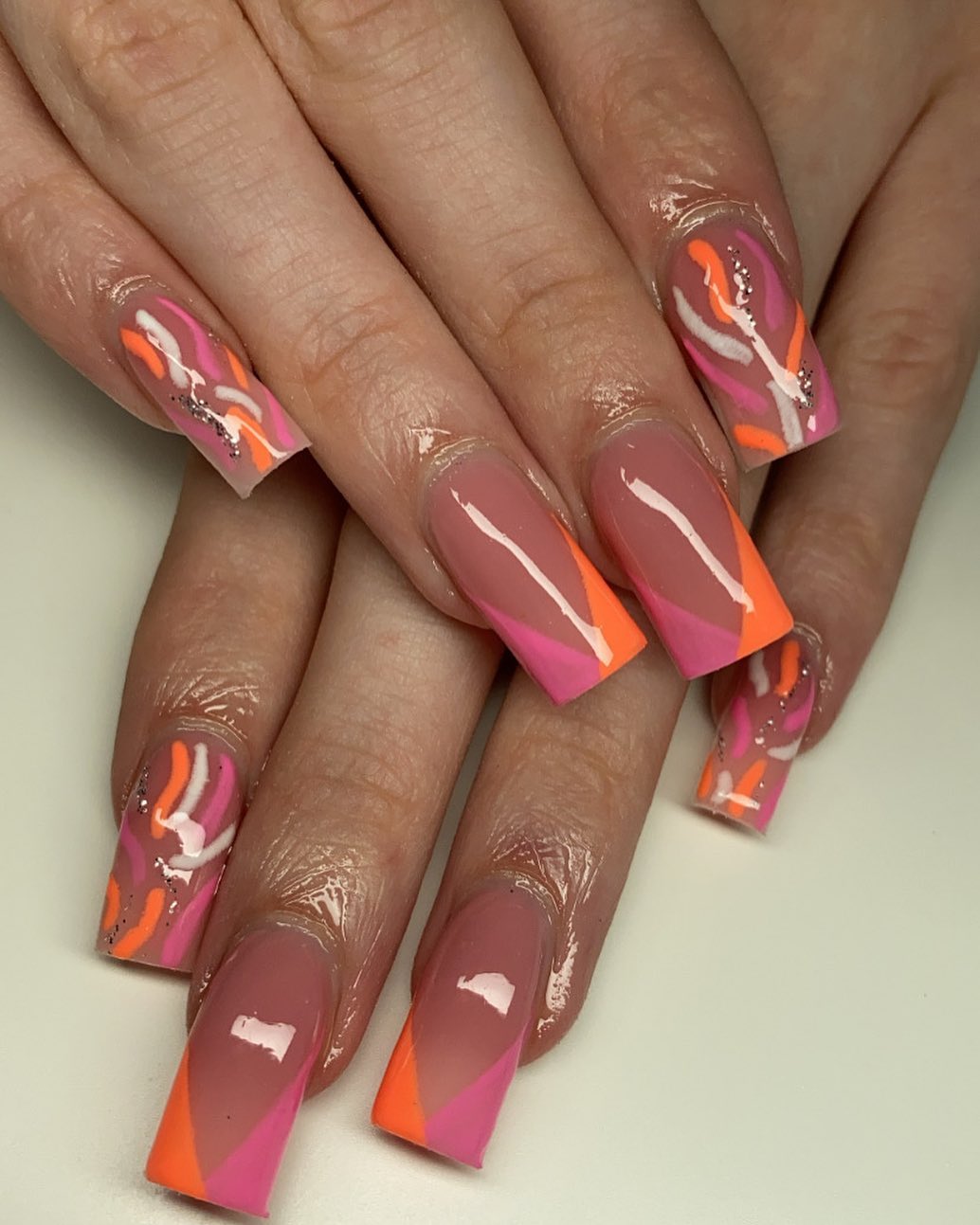 Pink Orange And White Nails