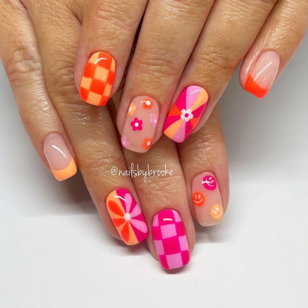 Pink Orange and Yellow Nails