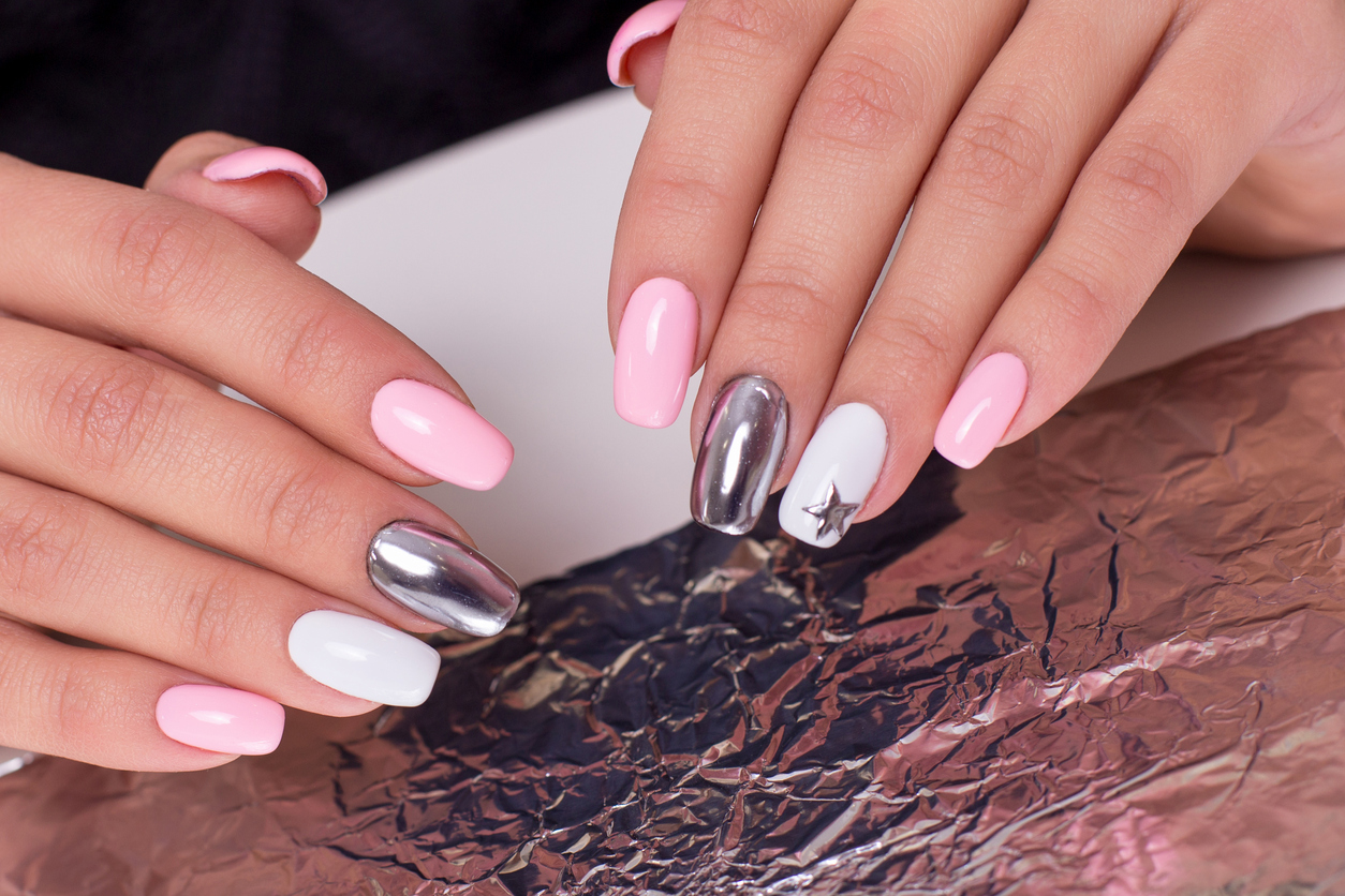 Pink White And Silver Nails