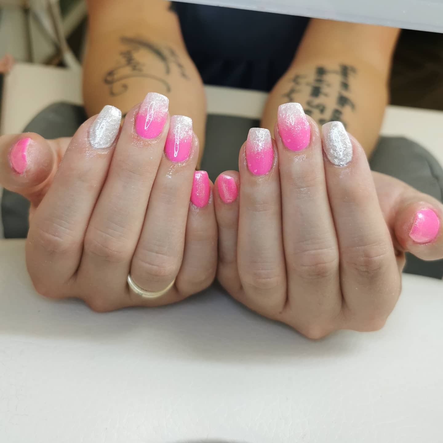 Pink White Glitter Ombre Nails