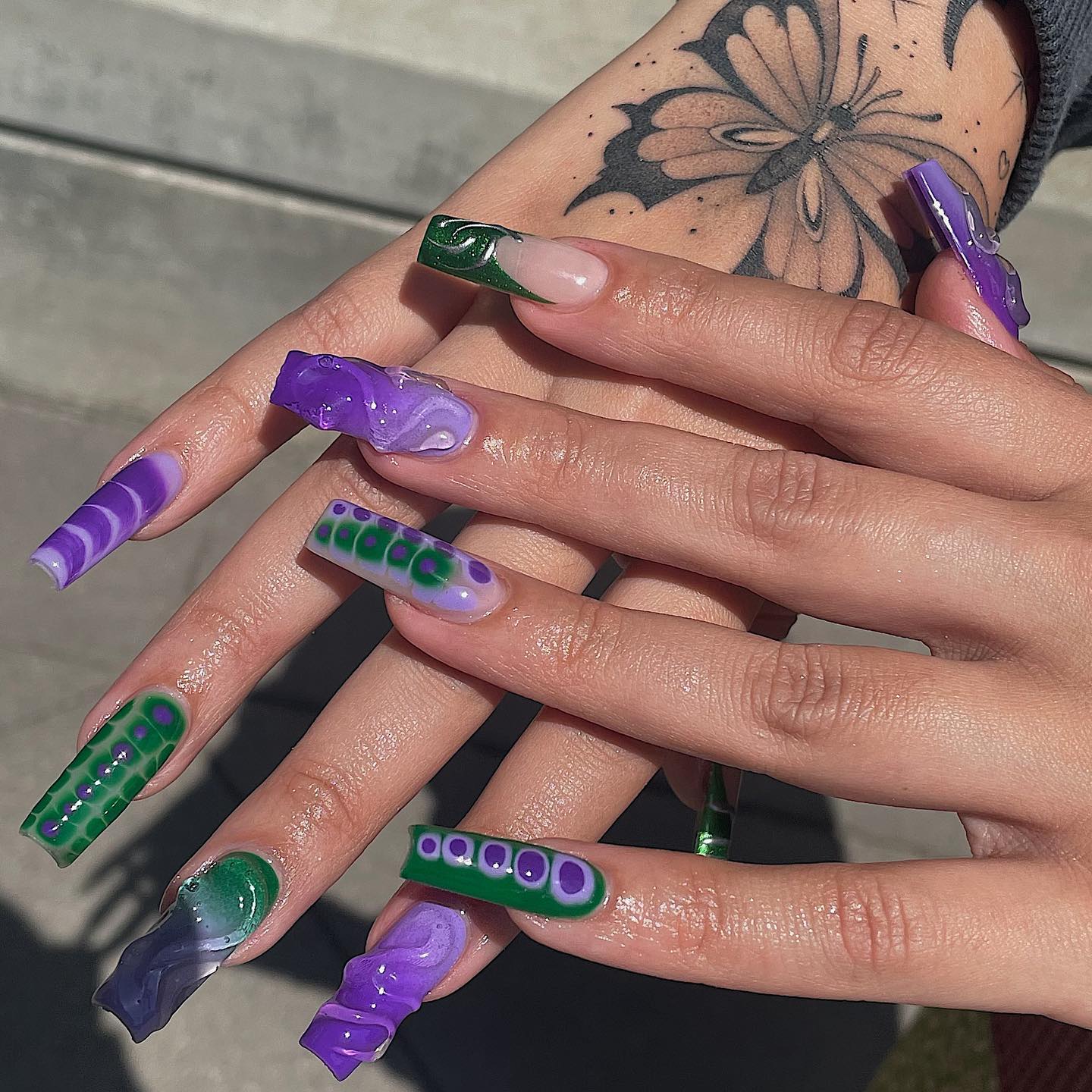 Purple and Green Nails