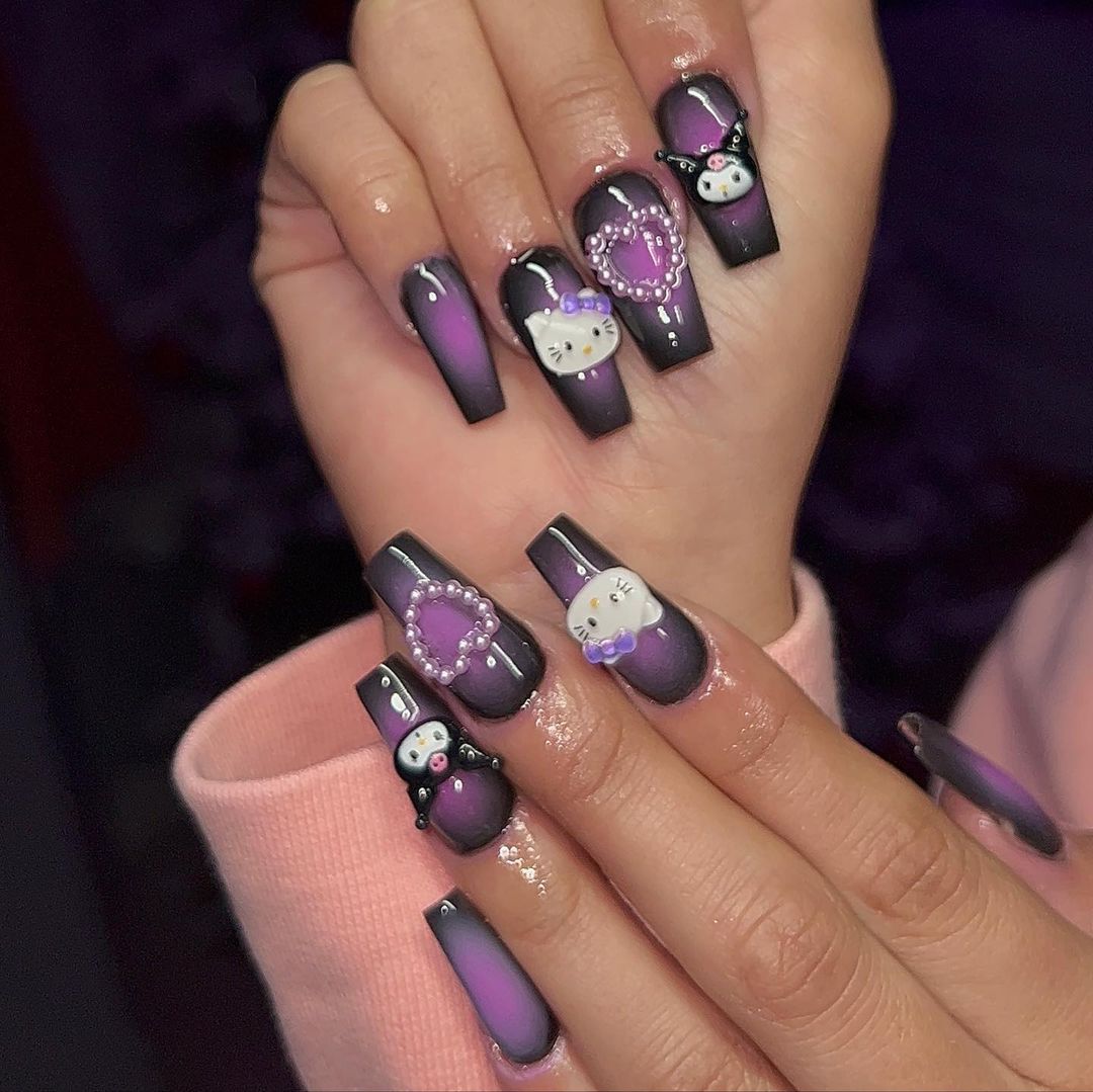 Purple Hello Kitty Nails