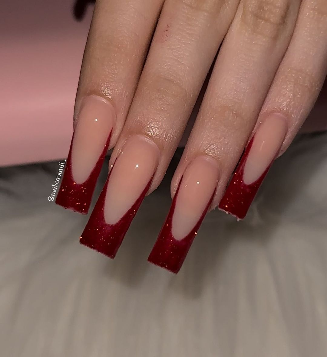 Red Acrylic Nails French Tip