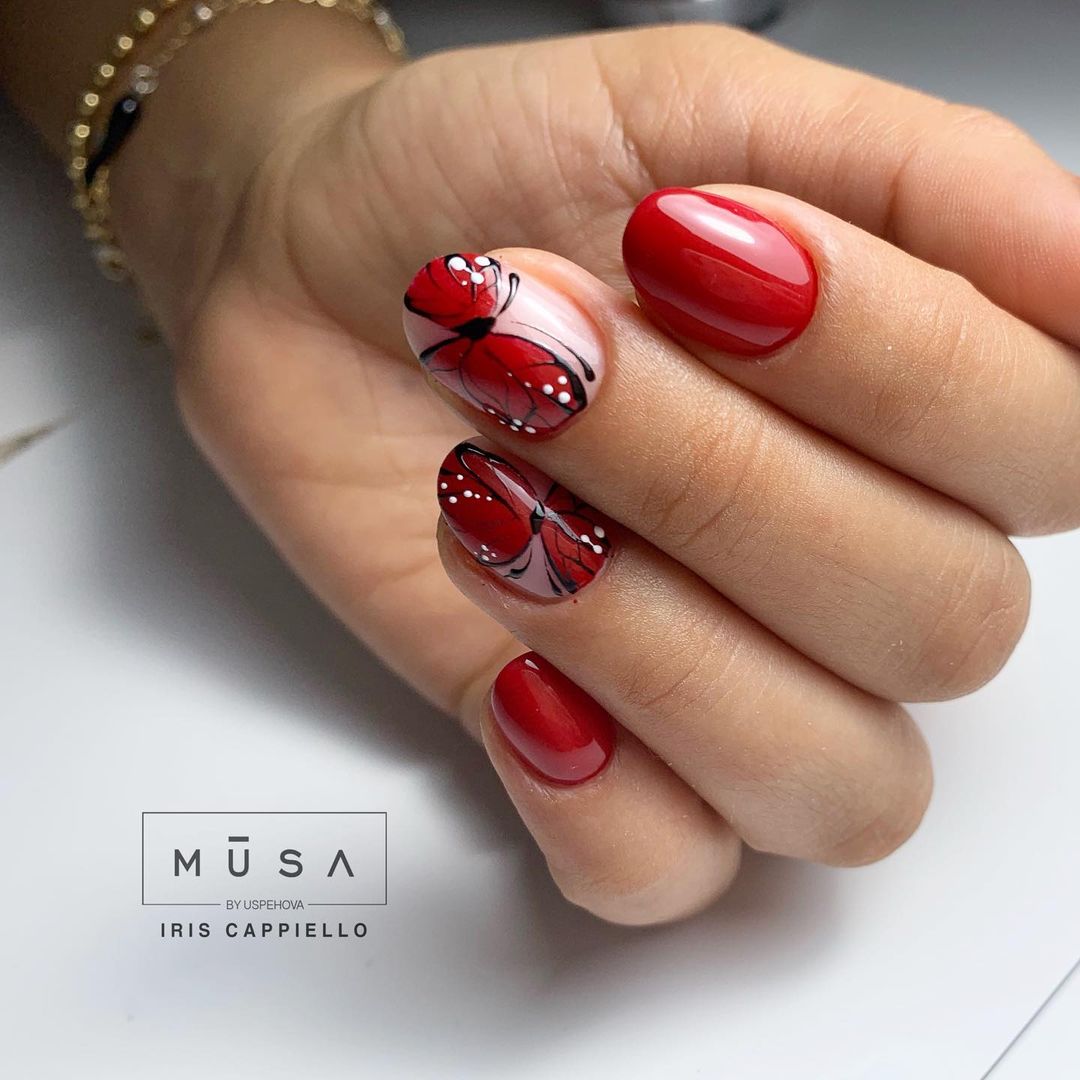 Red Acrylic Nails With Butterflies