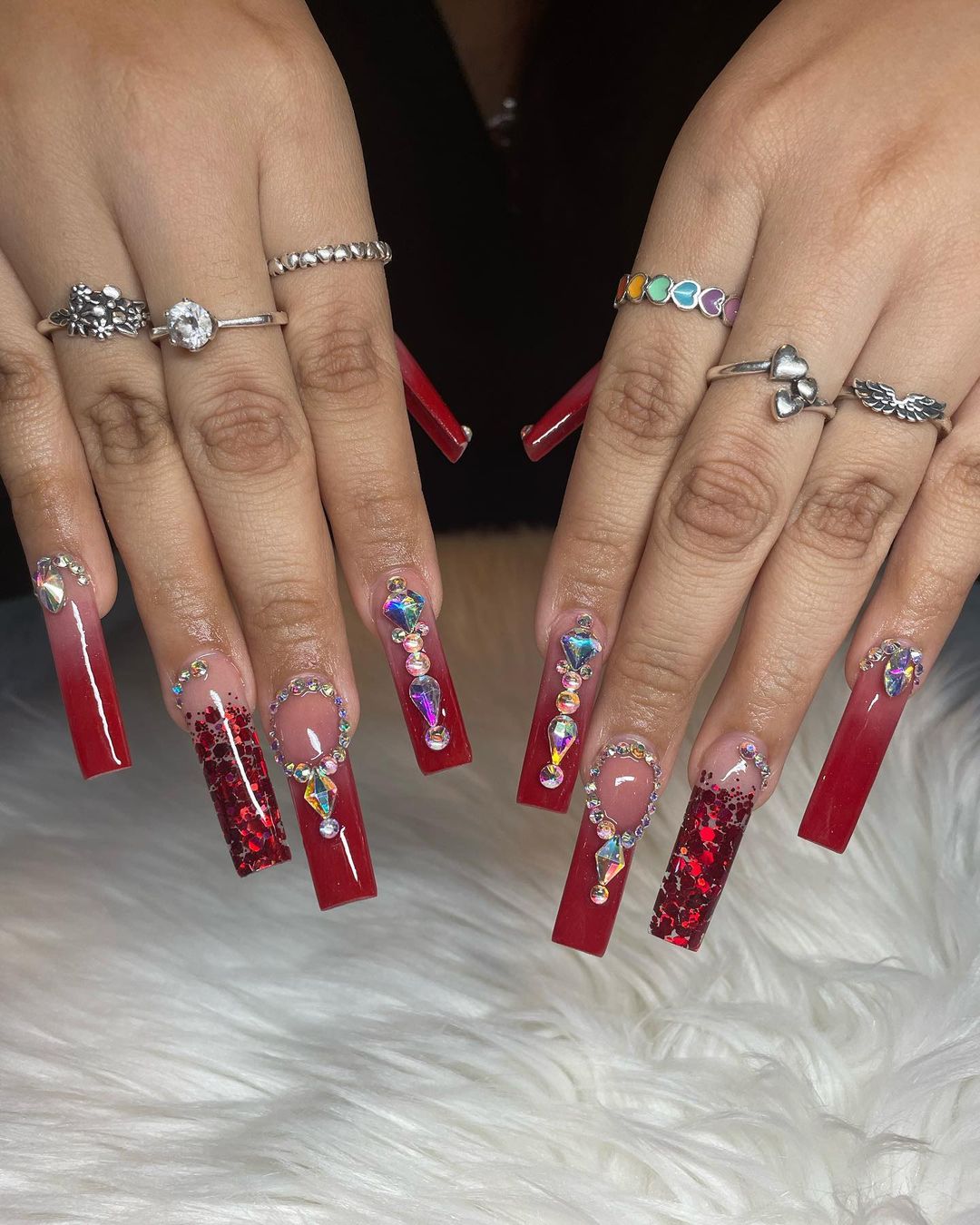 Red Acrylic Nails With Diamonds