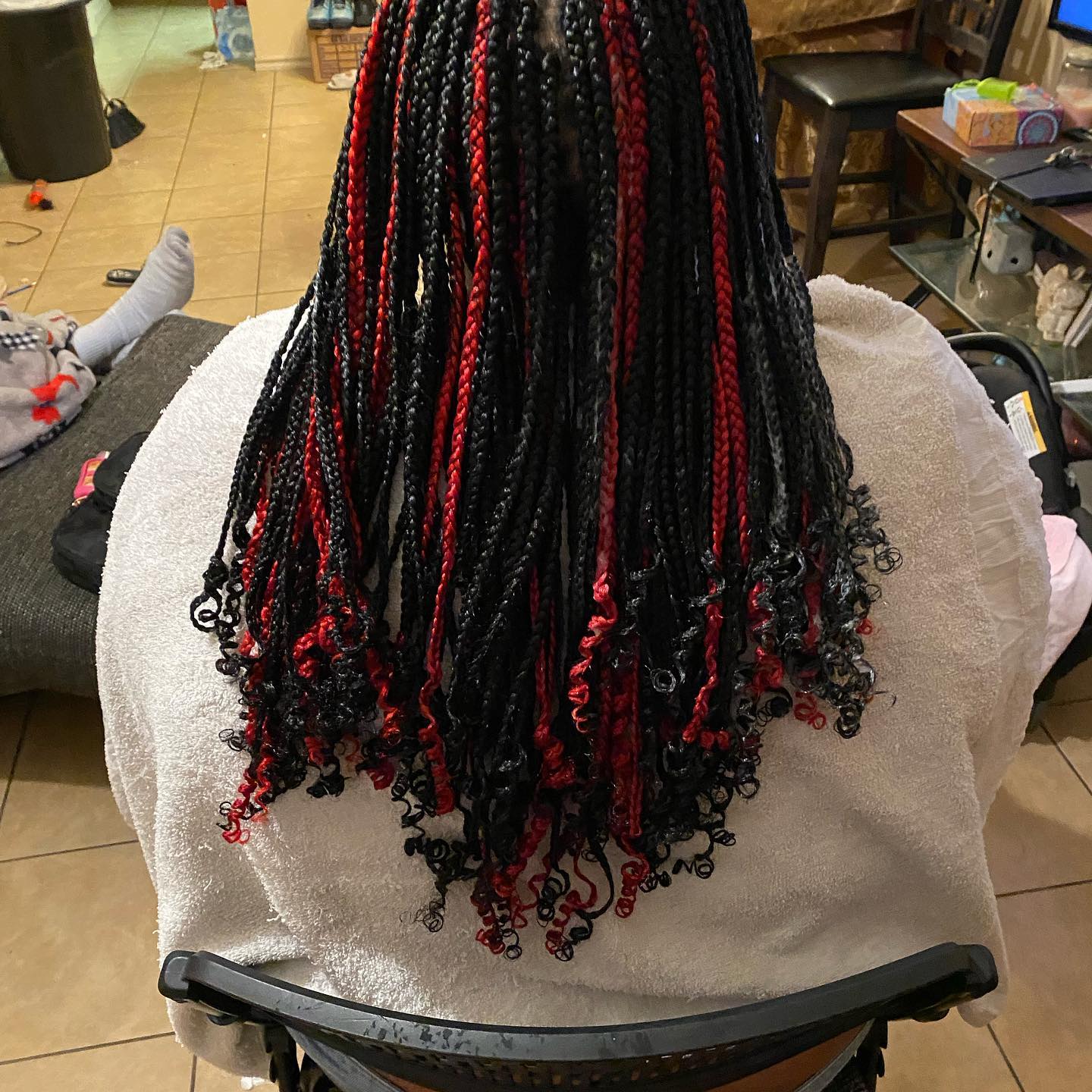 Red and Black Box Braids with Curls