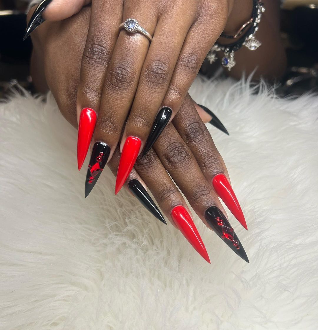 Red and Black Long Nails