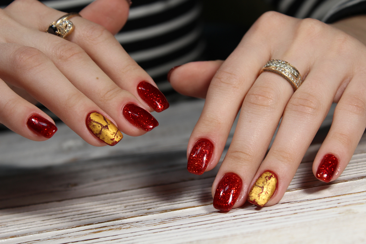 Red and Gold Glitter Nails