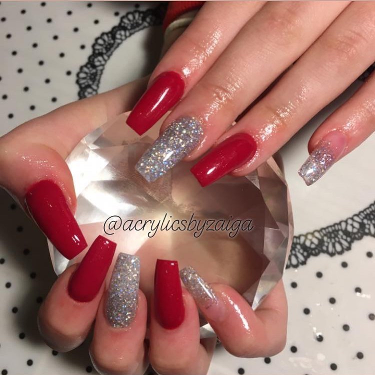 Red And Silver Acrylic Nails