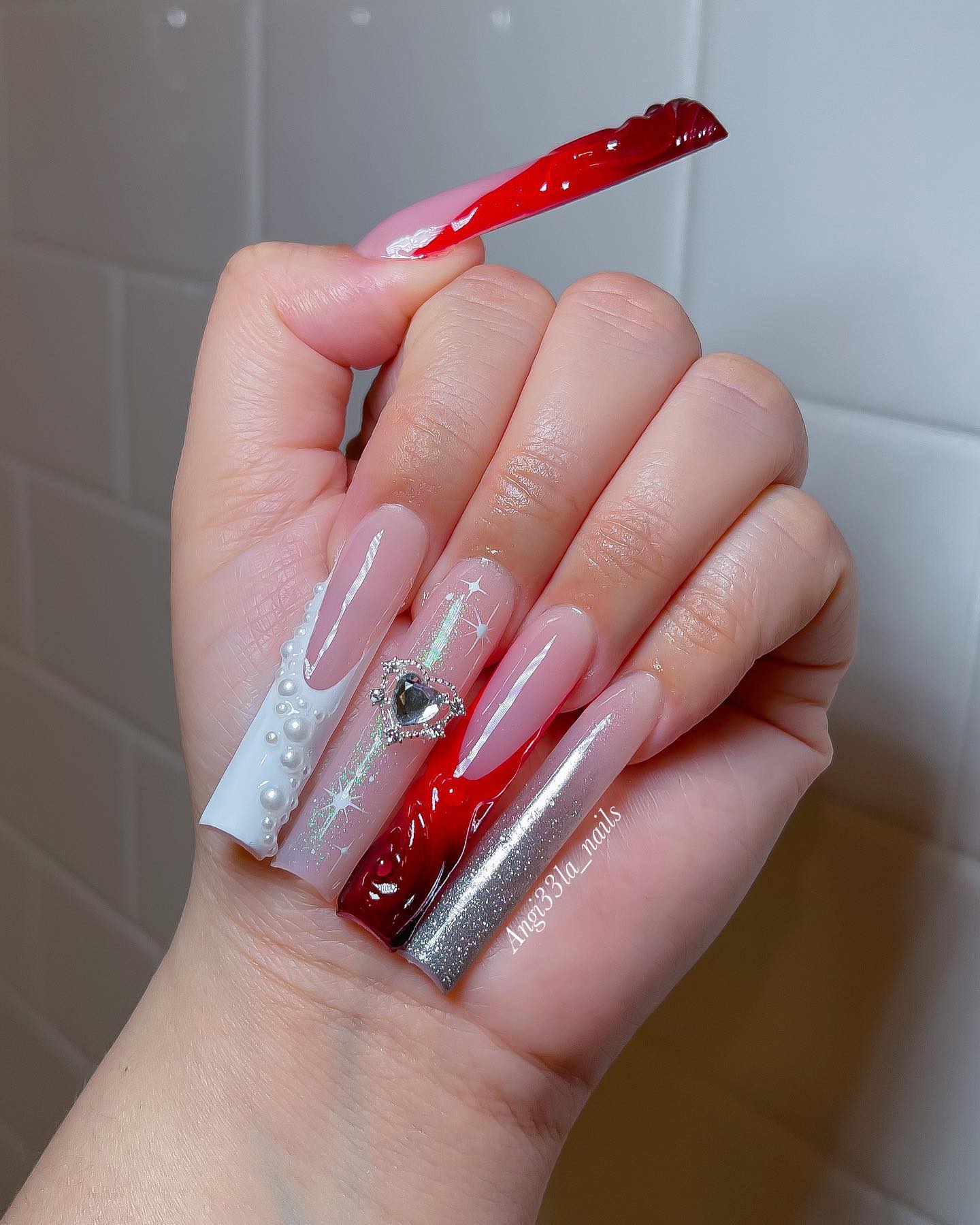 Red and White Nails With Diamonds