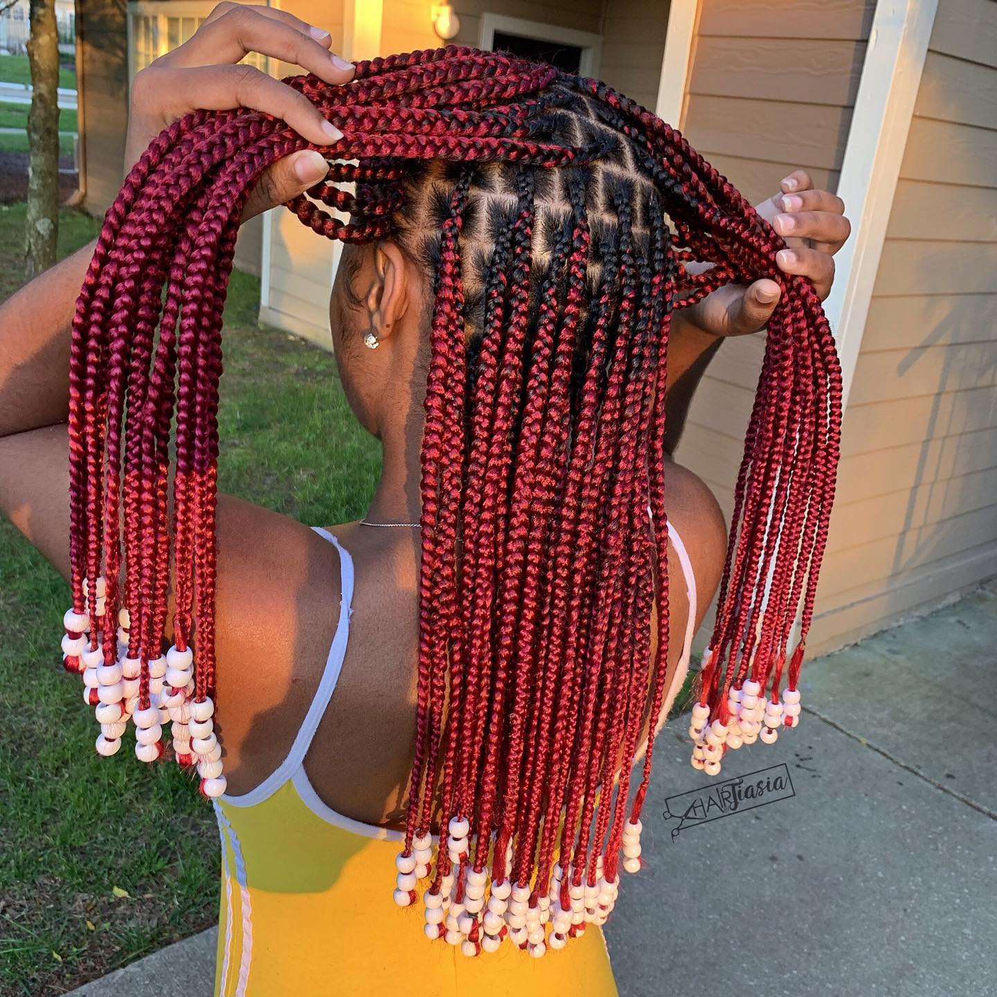 Red Box Braids with Beads