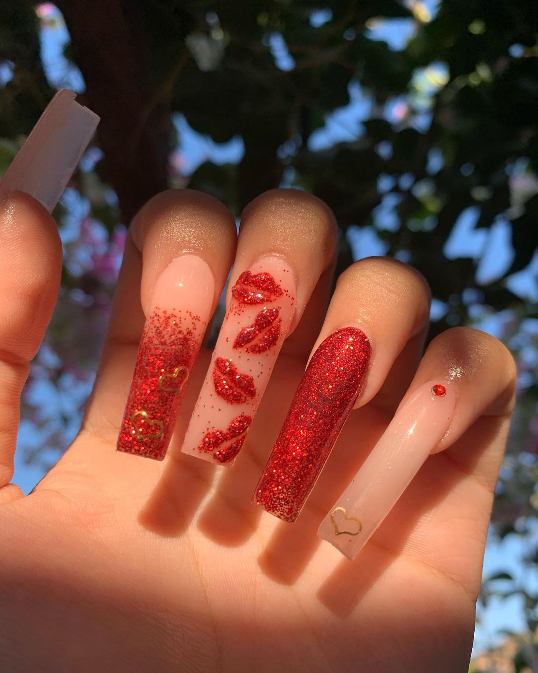 Red Glitter Valentines Day Nails