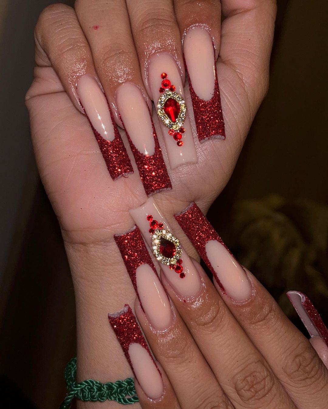 Red Nails With Diamonds and Glitter