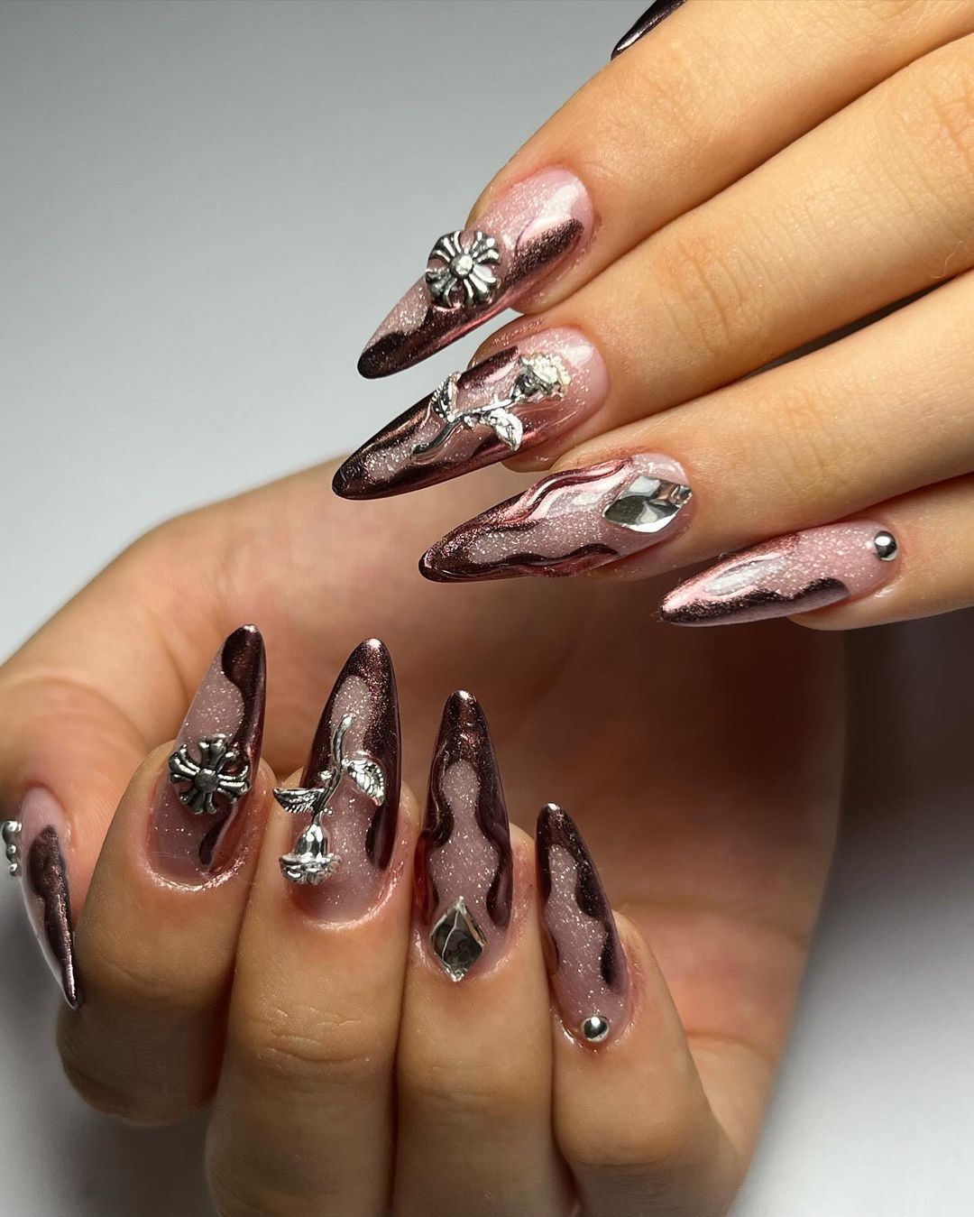 Rose Gold Nails With Rhinestones