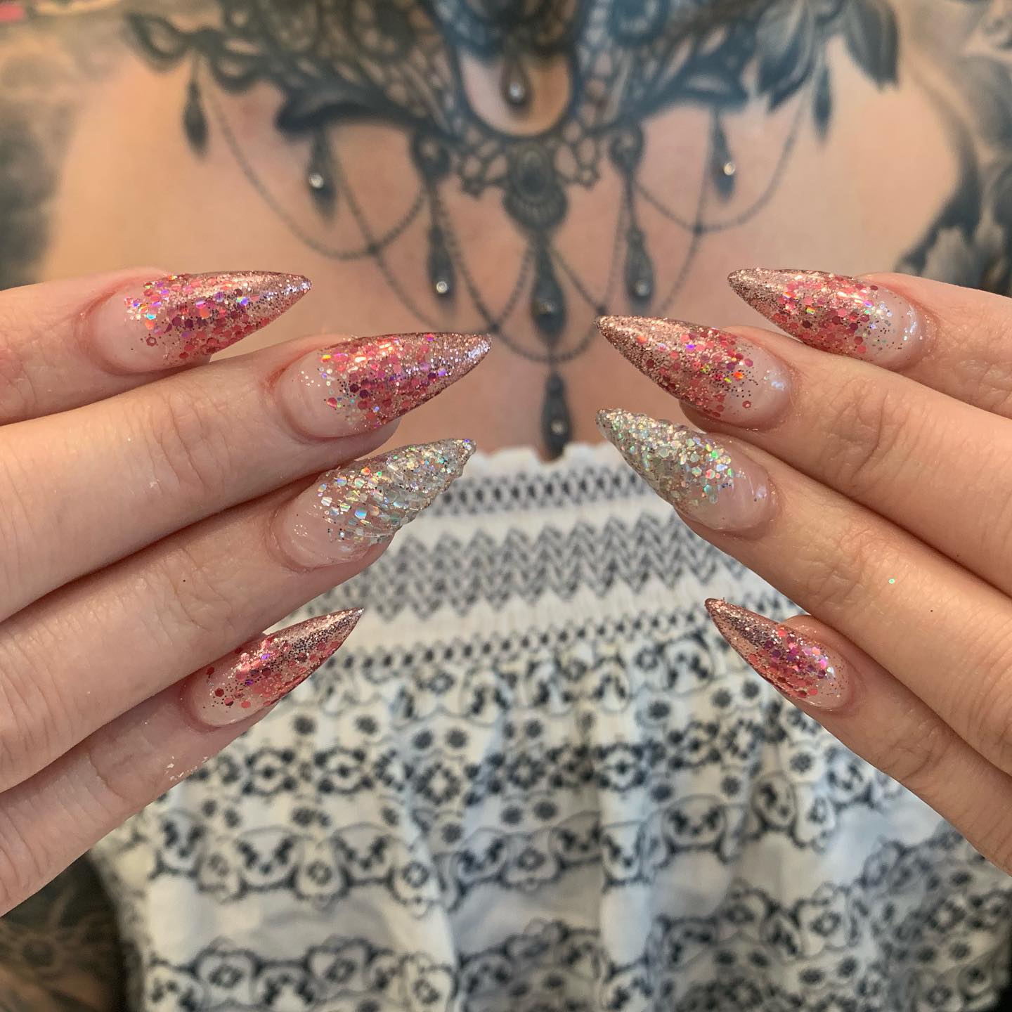 Rose Gold Ombre Acrylic Nails with Glitter