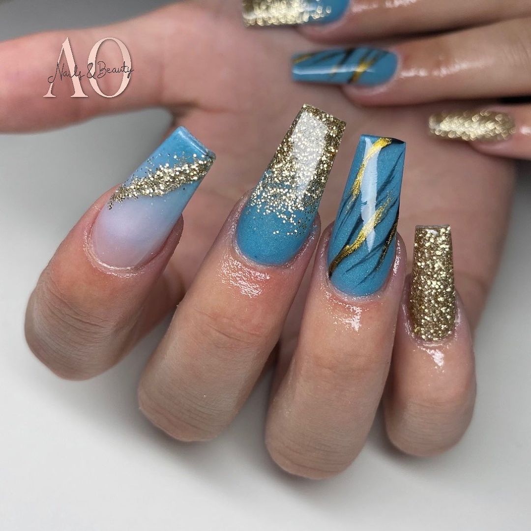 Teal And Gold Acrylic Nails