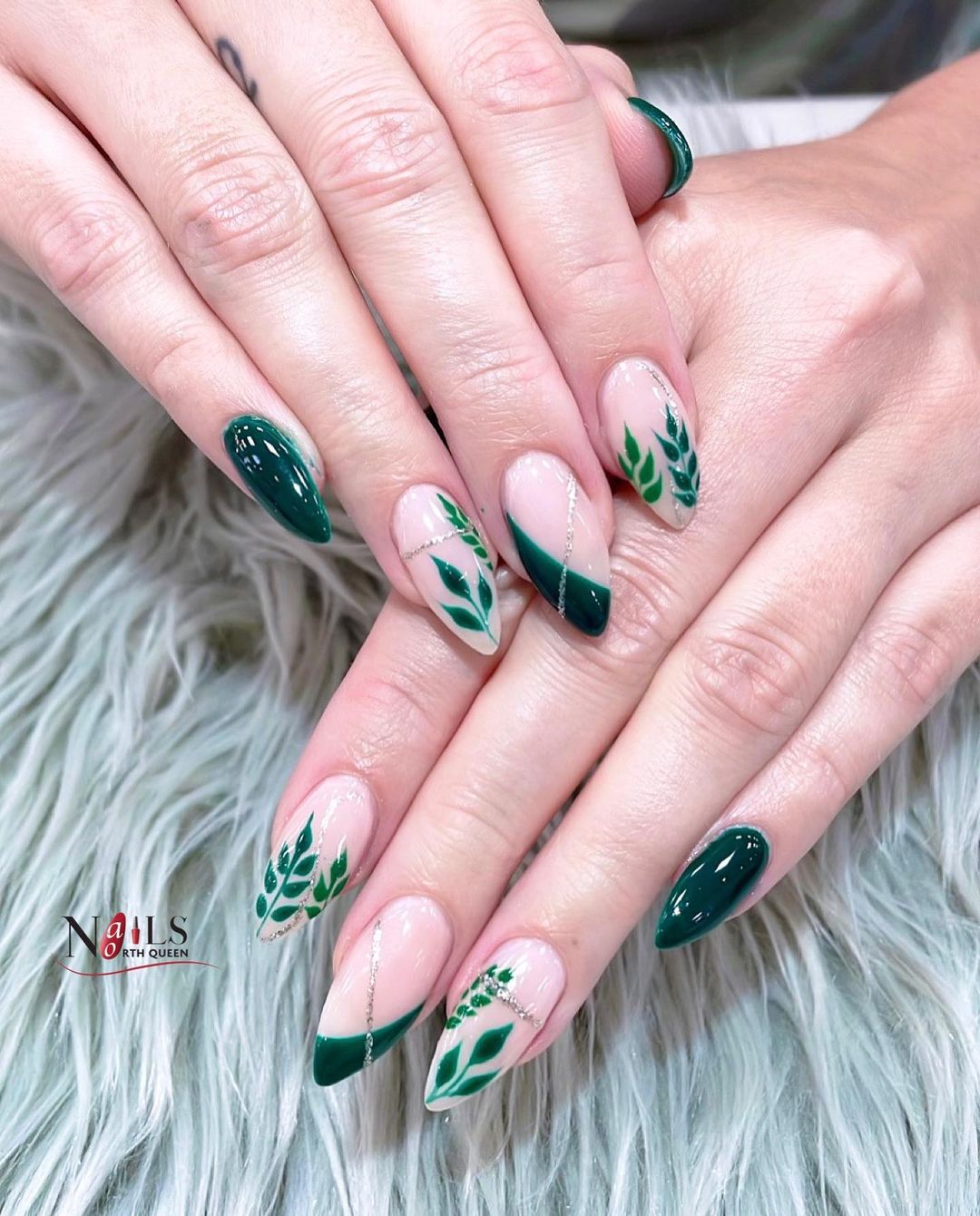 White and Emerald Green Nails