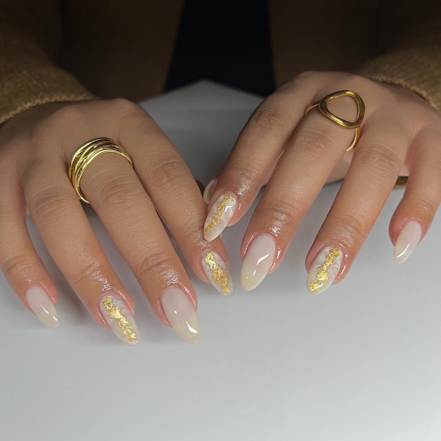 White And Gold Almond Nails