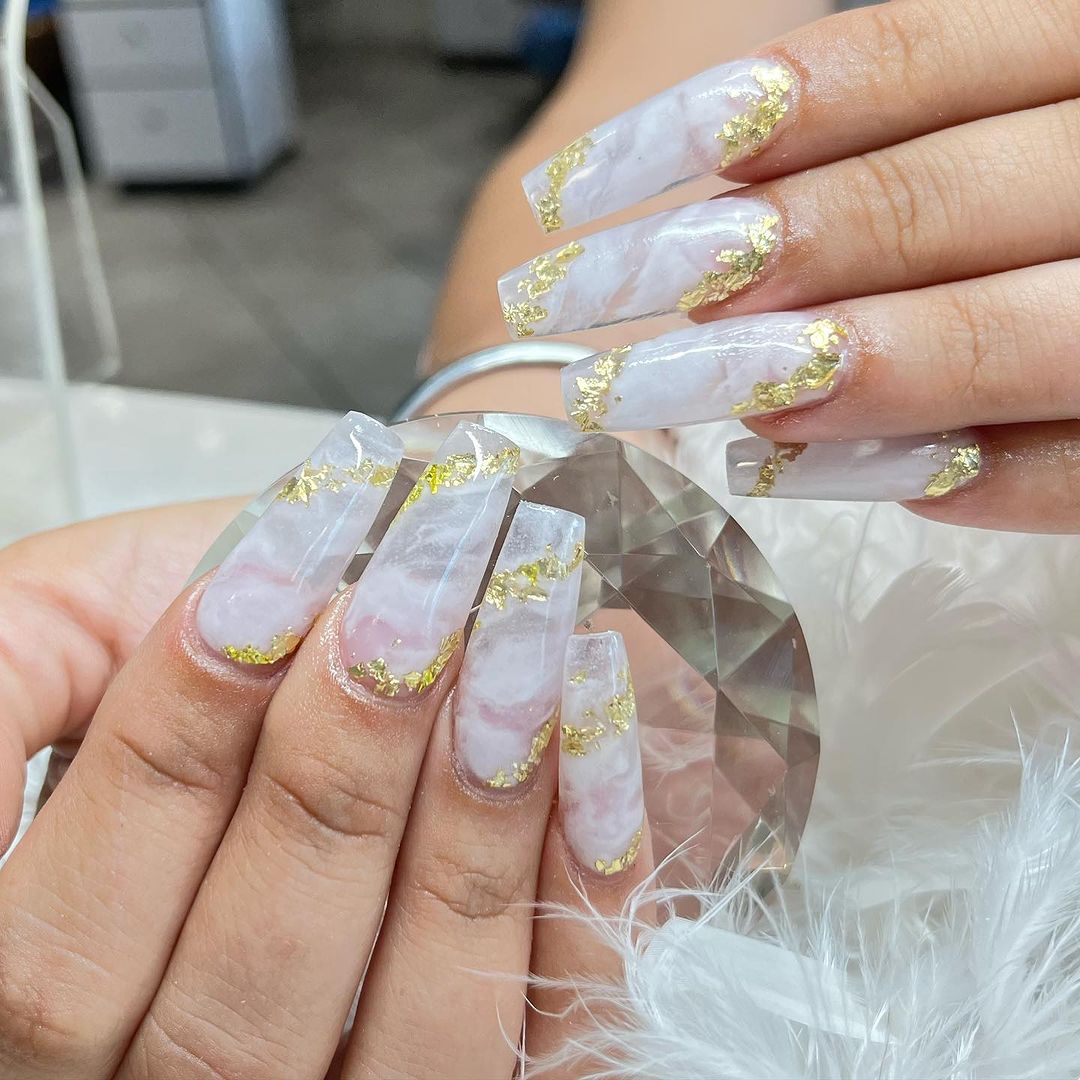 White Marble Nails With Gold Flakes