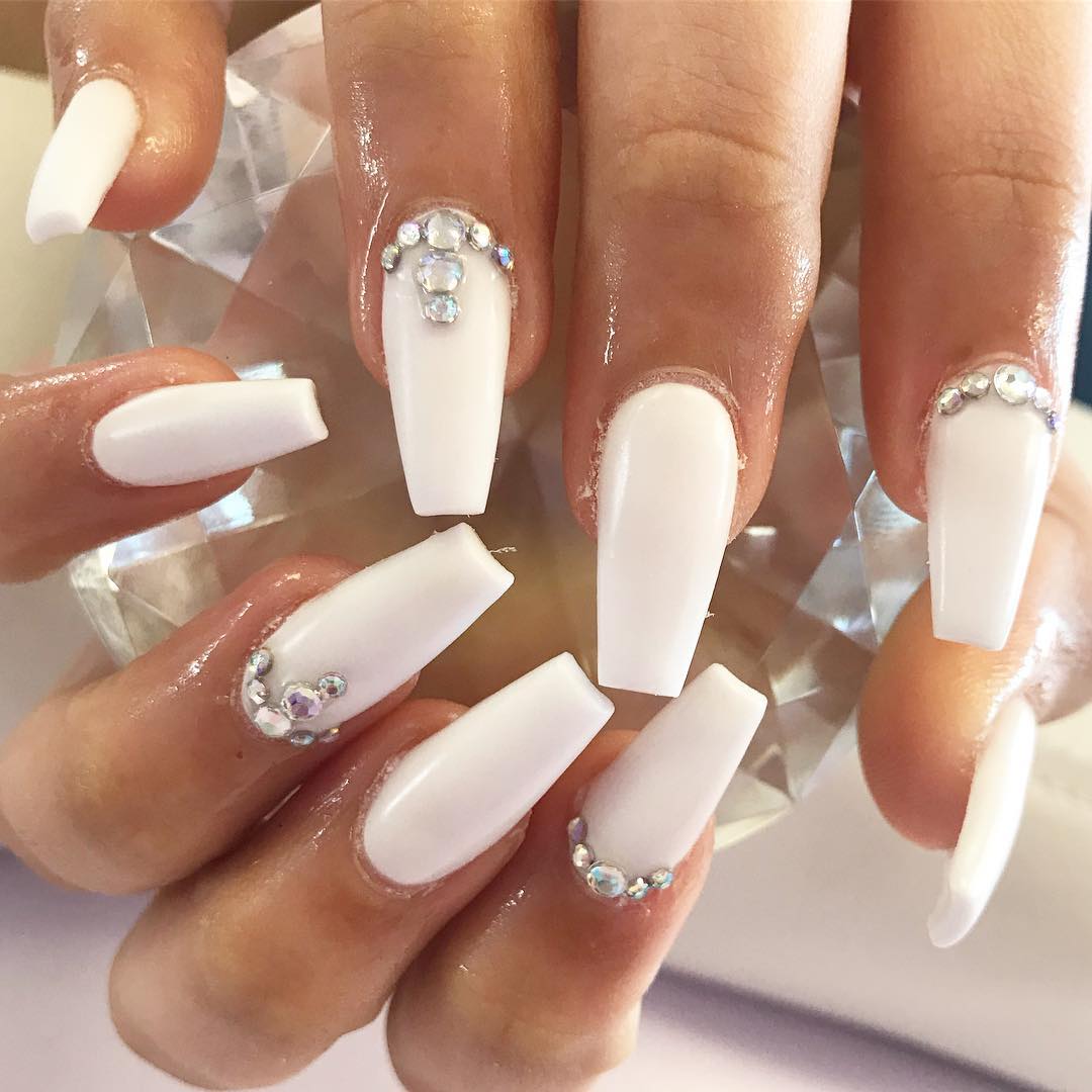 White Matte Nails With Diamonds