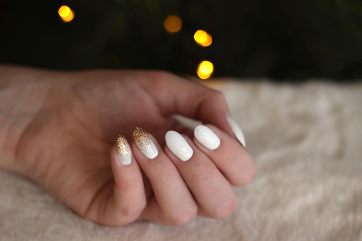 White Nails With Gold Glitter