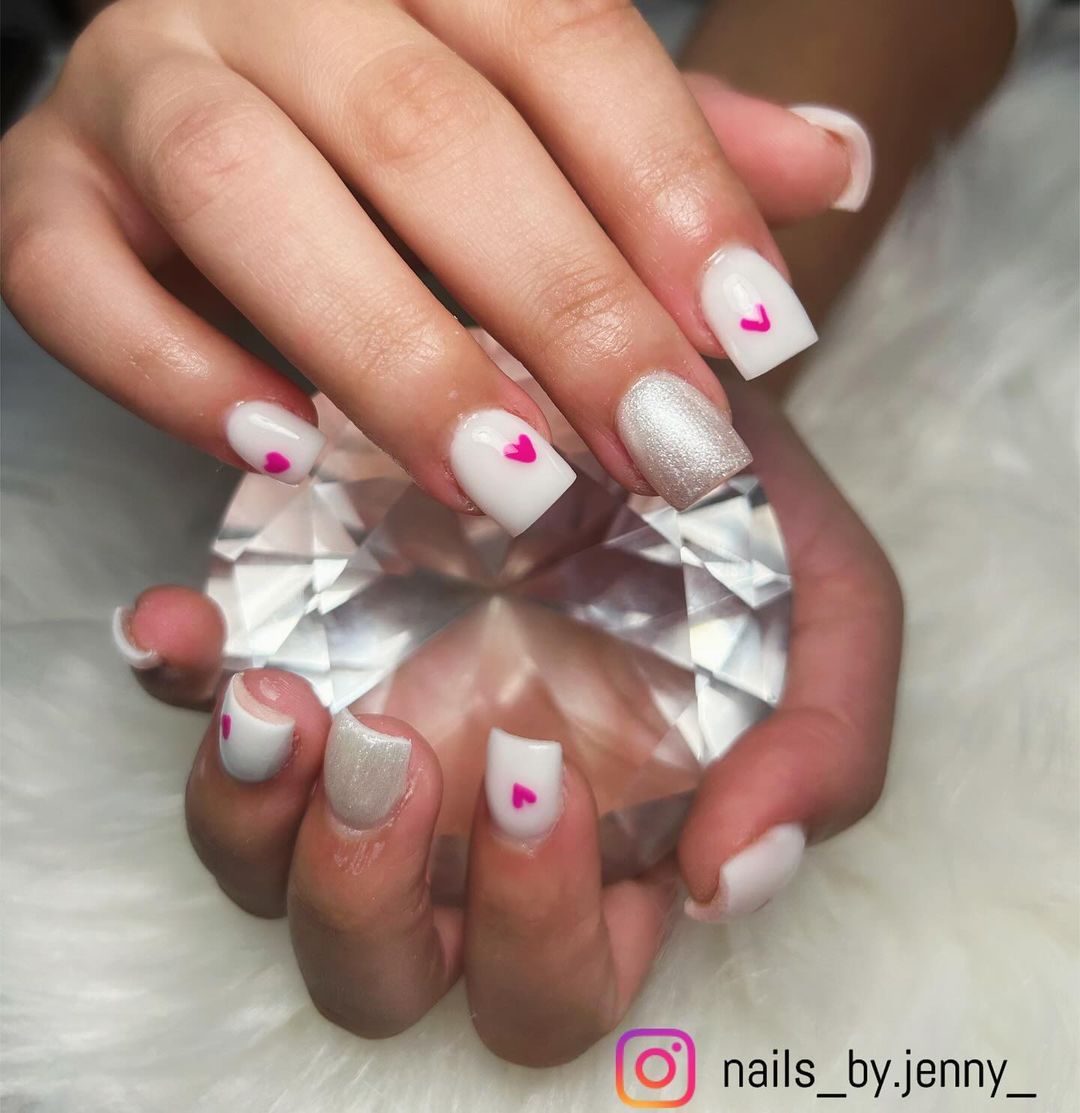 White Nails With Pink Heart
