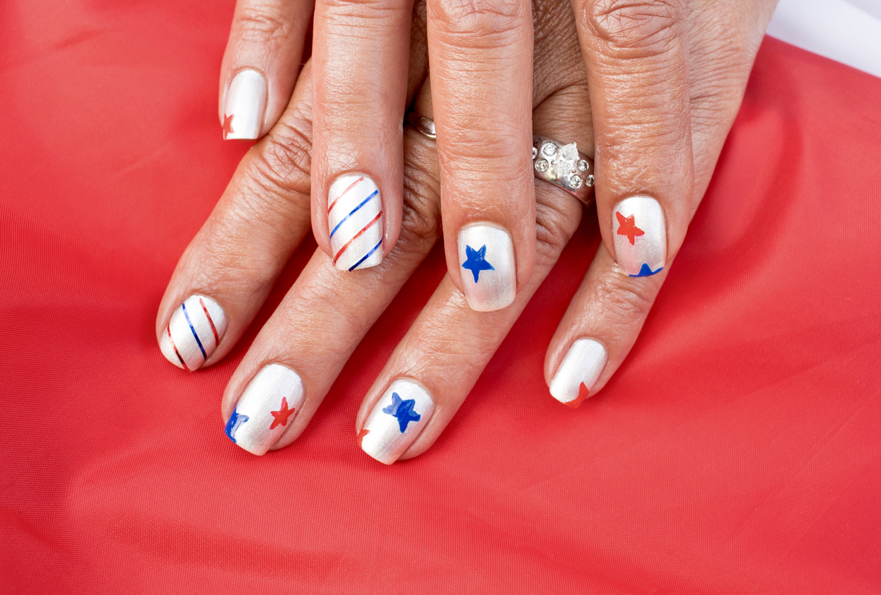 White Nails With Red and Blue Stars