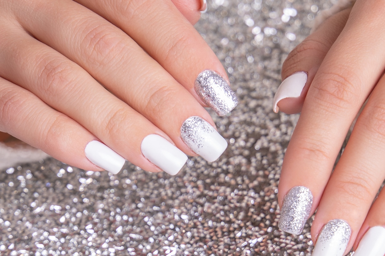 White Nails With Silver Glitter
